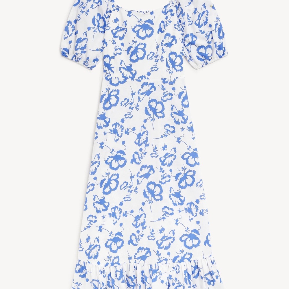 Linen rich M&S Floral square neck Blue and White midi Dress